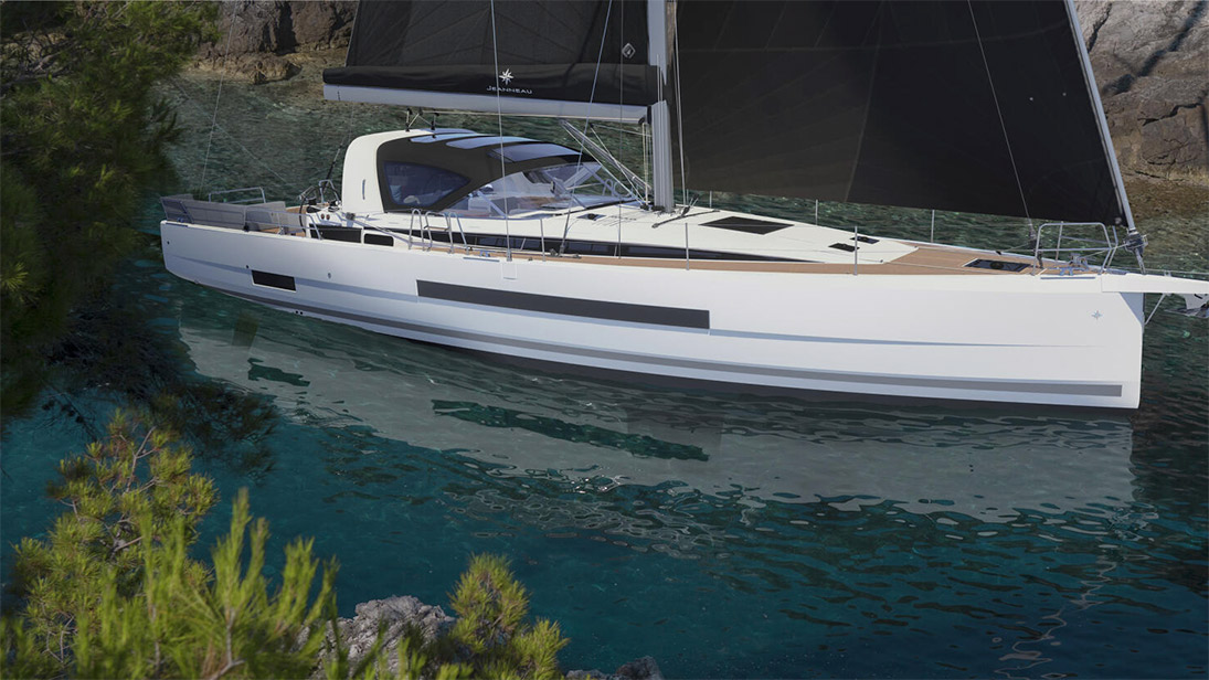 Render of the Jeanneau 55 docked in a small inlet.