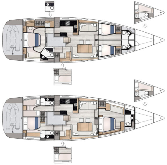 Cabin layouts of the Jeanneau 65