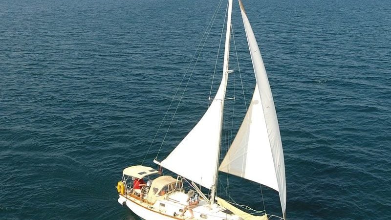 1984 Cape Dory 30 sailboat cruising on open sea under clear skies.